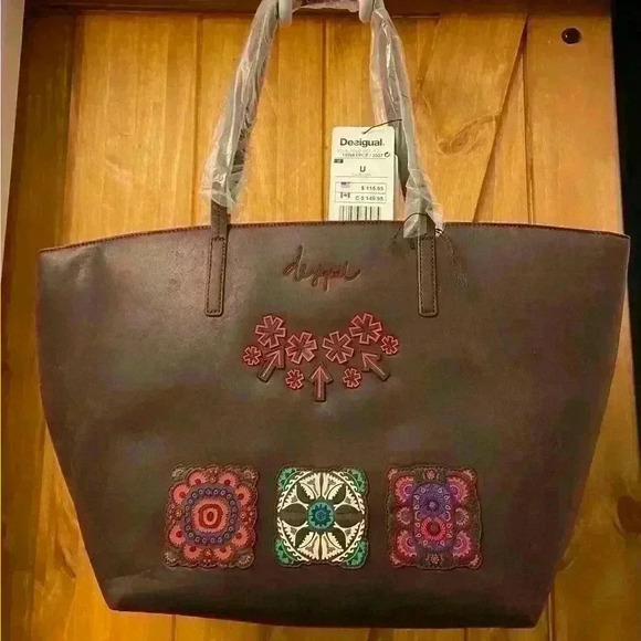 Desigual Handbags - Desigual Bold Sicilia Zipper Tote in Brown with Embroidered medallions.